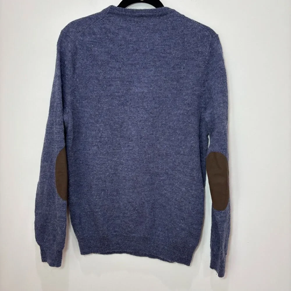 J Crew Sweater Men M Navy Blue 100% Wool Knit Pullover Elbow Patch Cabincore